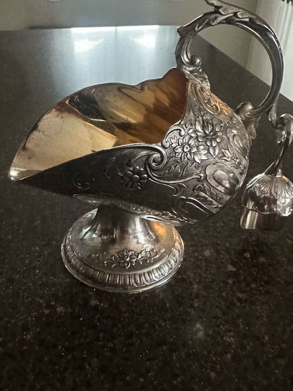 Ornate Floral Silver-Plated sugar scuttle.